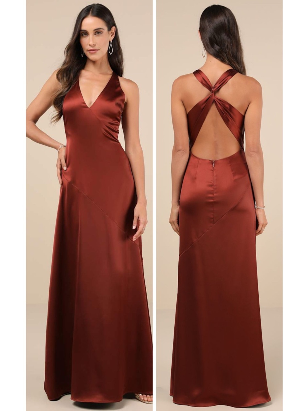 Lulus Purely Elegant Rust Brown Satin Twist-Back Maxi Dress Size Medium Formal